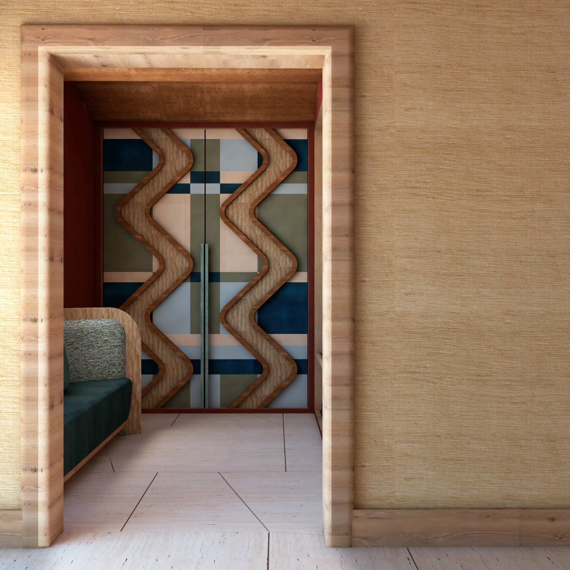 Entrée avec porte en bois à motif et canapé en bois et tissu vert. Projet résidentiel Mokkï chalet réalisé par Batiik Studio.