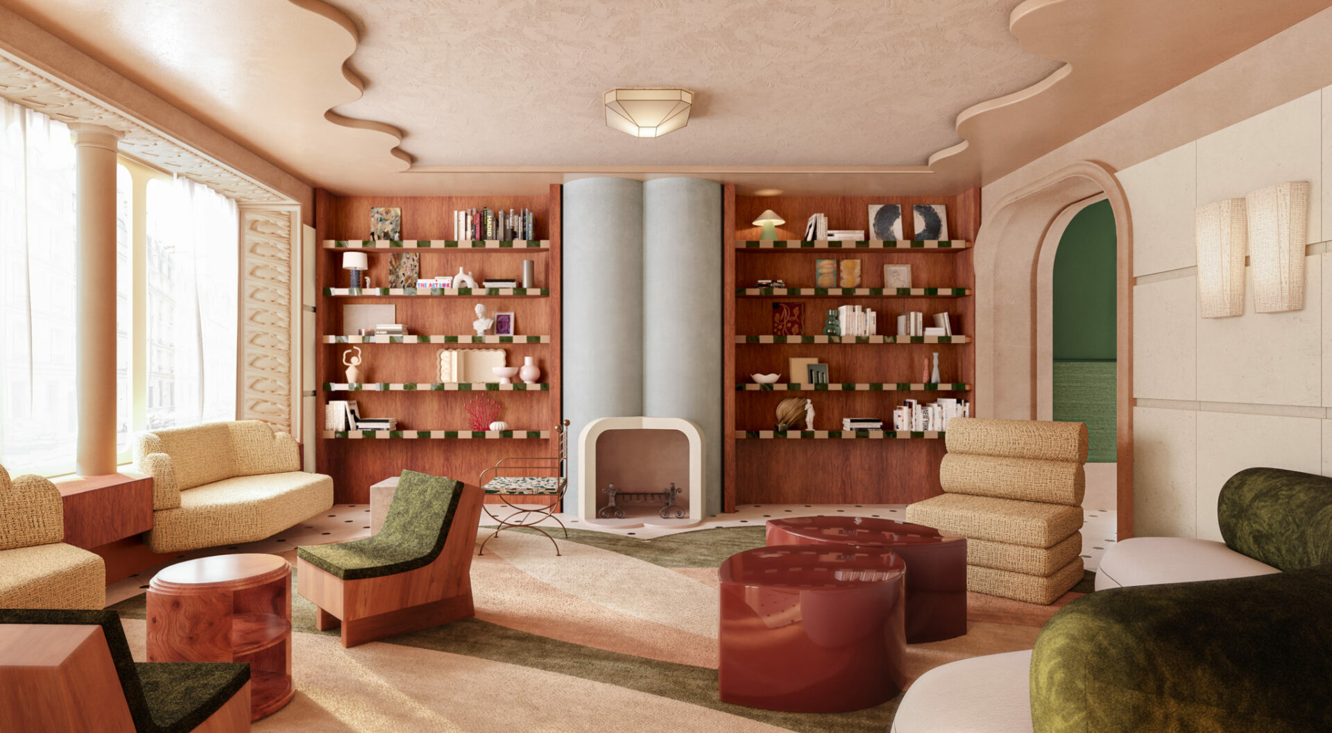 Lobby avec fauteuils en tissu à motifs jaunes, tapis graphiques vert et beige, cheminée bleu pâle et bibliothèque en bois. Projet hôtel Clichy réalisé par Batiik Studio.