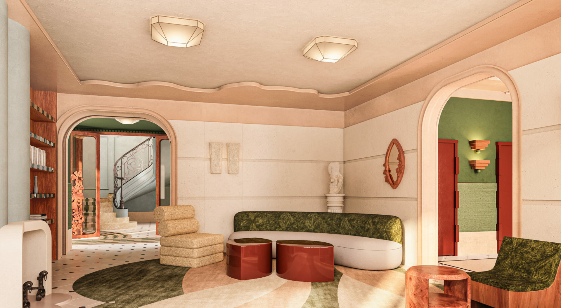 Lobby avec fauteuils en tissu à motifs jaunes, appliques graphiques, tapis graphiques vert et beige, cheminée bleu pâle et bibliothèque en bois. Projet hôtel Clichy réalisé par Batiik Studio. Projet hôtel Clichy réalisé par Batiik Studio.