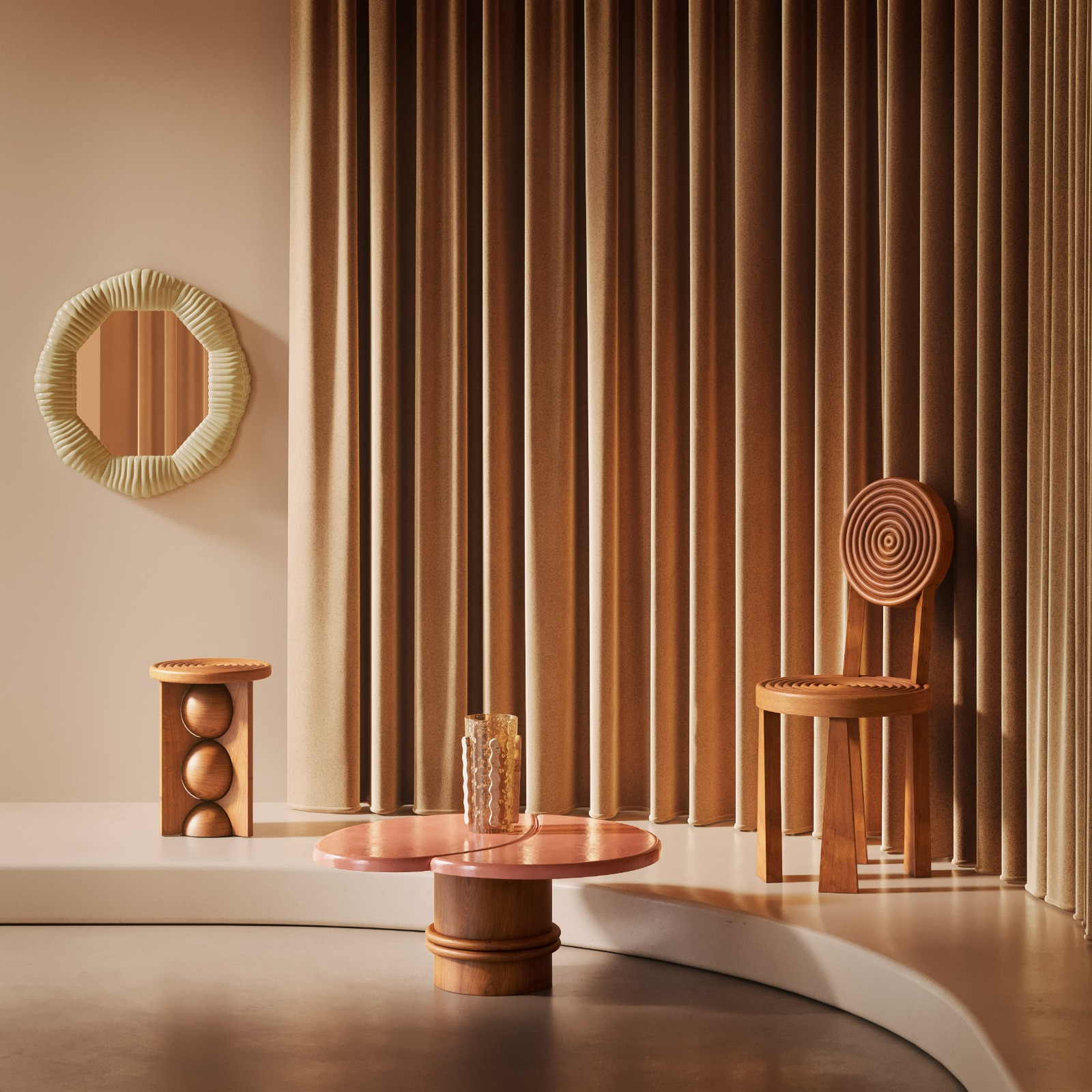 Collection Batiik Studio pour Monoprix comprenant une chaise et un tabouret en bois et une table basse en bois et plateau de céramique, miroir en céramique et vase.