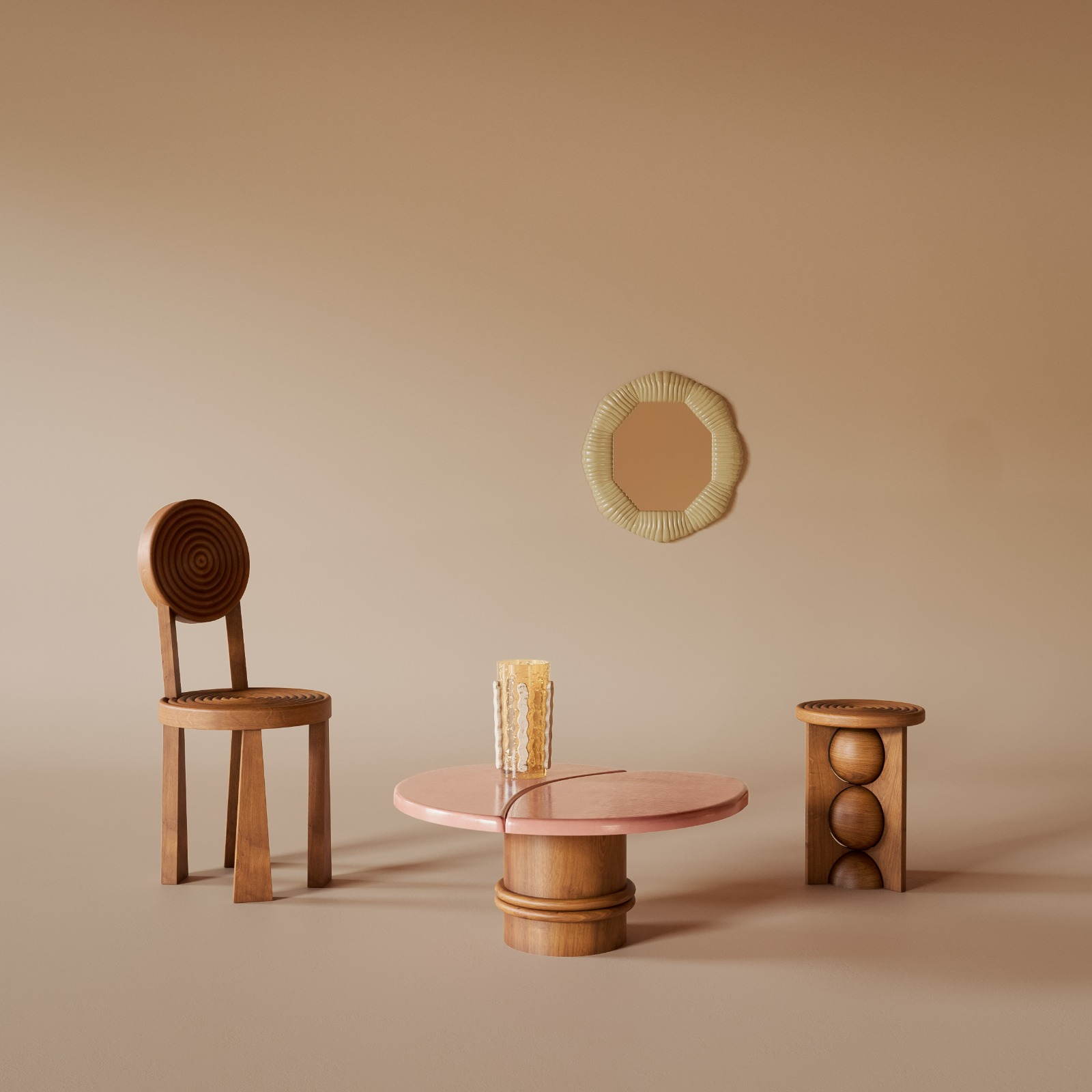 Collection Batiik Studio pour Monoprix comprenant une chaise et un tabouret en bois et une table basse en bois et plateau de céramique, miroir en céramique et vase.