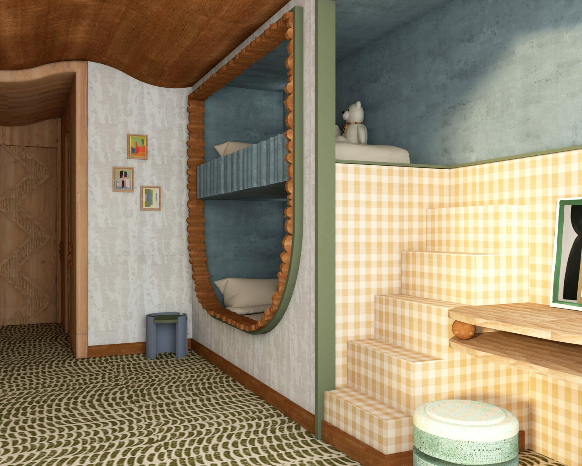 Chambre d'enfant avec lit superposé. Moquette à motif, plafond en bois ondulé. Escalier avec papier peint vichy. Projet résidentiel Mokkï chalet réalisé par Batiik Studio.
