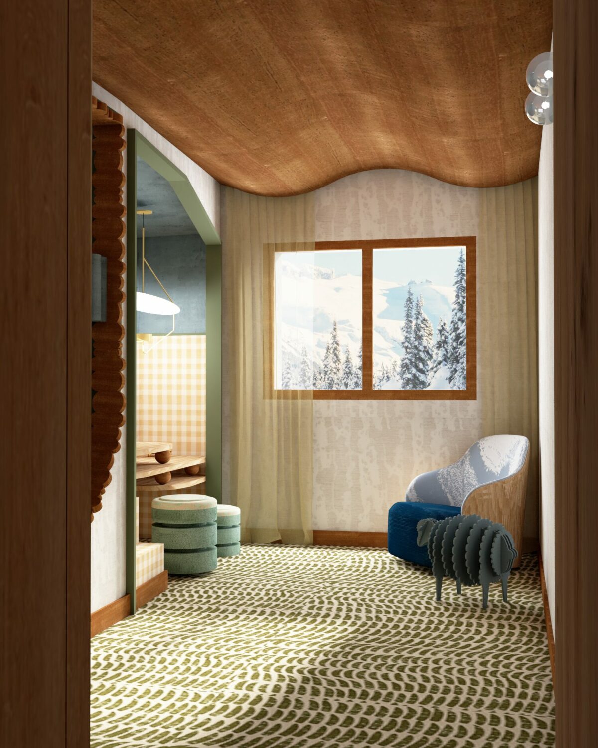Chambre d'enfant avec moquette à motif, plafond en bois ondulé. Projet résidentiel Mokkï chalet réalisé par Batiik Studio.