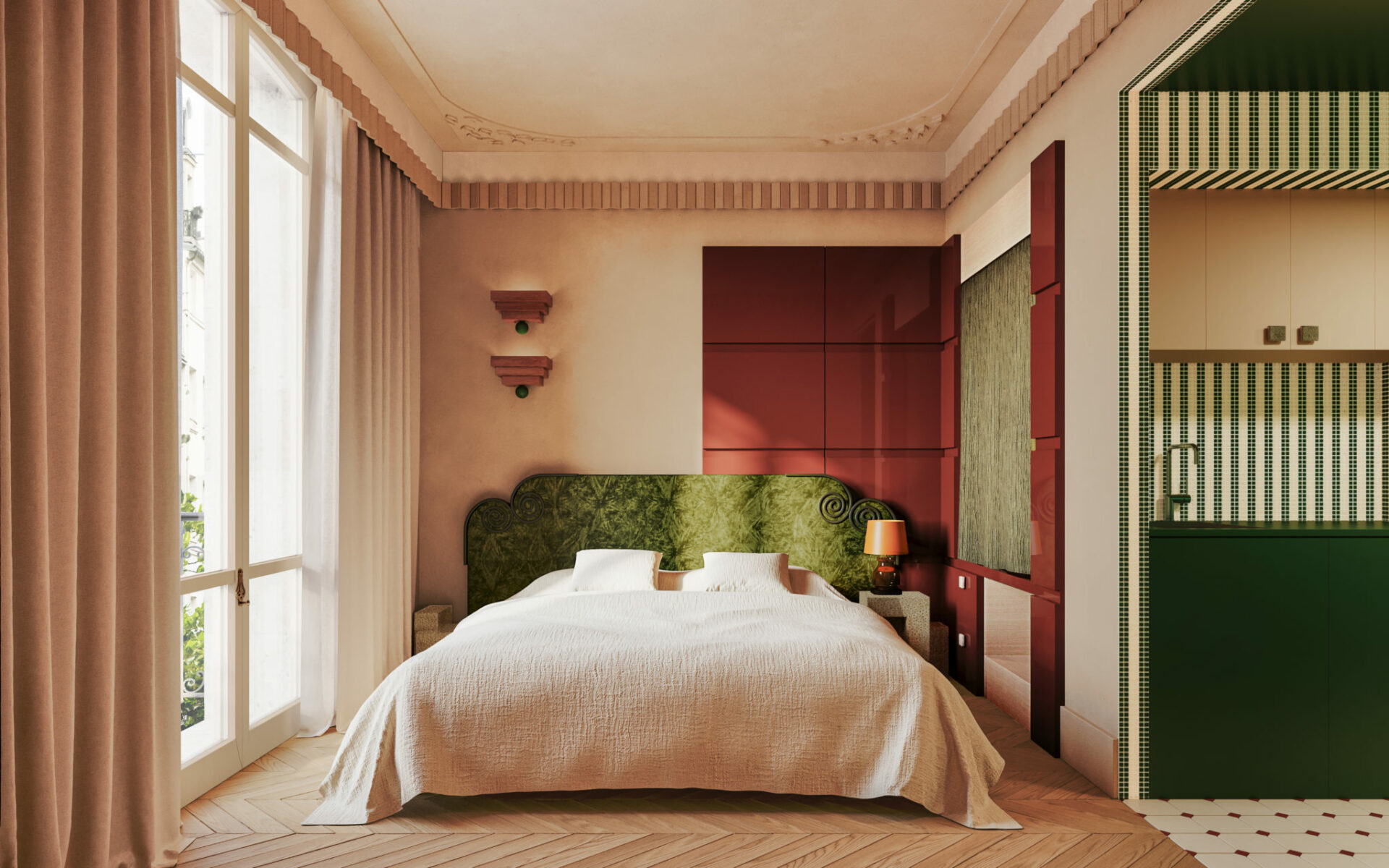 Suite hôtel avec moulures, tête de lit verte et appliques murales graphiques. Cuisine en mosaïque verte. Projet hôtel Clichy réalisé par Batiik Studio.
