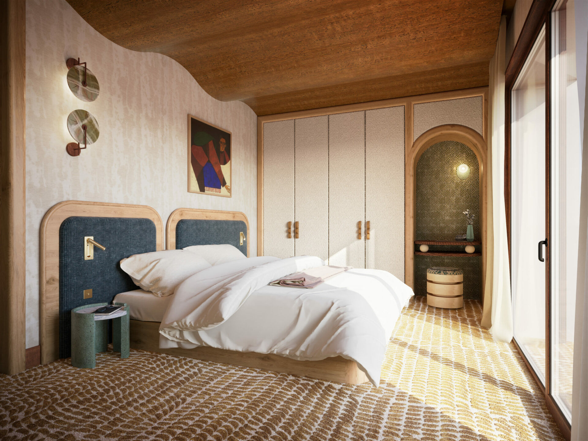 Chambre avec tête de lit en tissu et en bois. Plafond en bois ondulé. Murs avec poignées en bois géométriques. Tapis à motifs. Coin bureau avec arche, tablette en bois et pouf. Projet résidentiel Mokkï chalet réalisé par Batiik Studio.