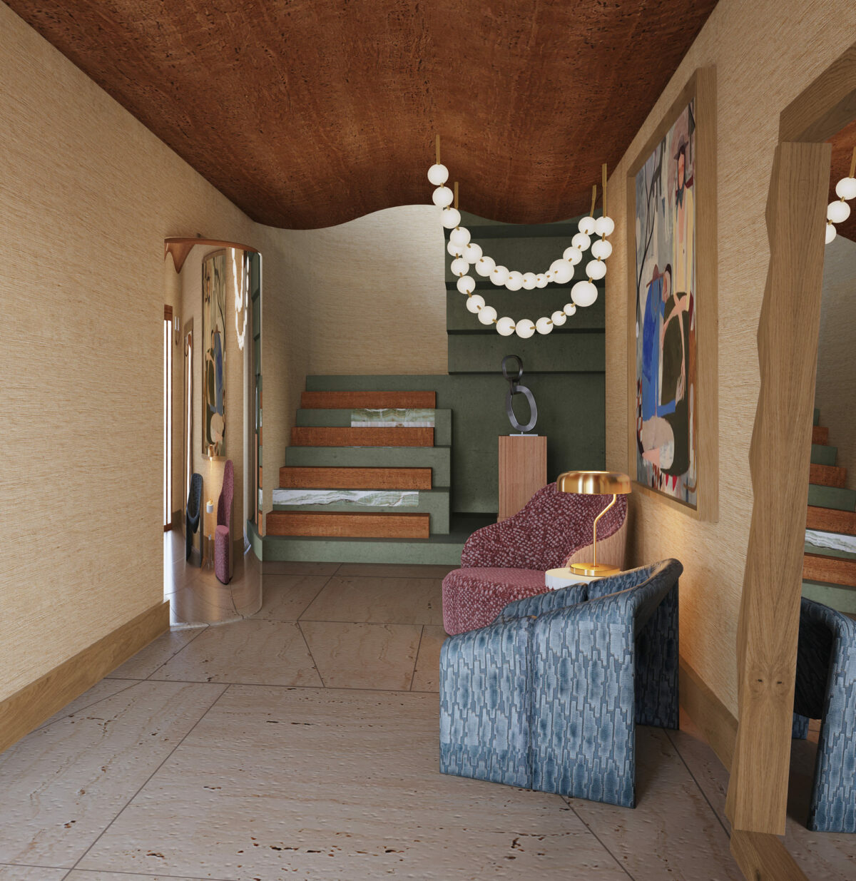 Couloir avec fauteuil en tissu à motifs. Suspension globulaire design et tableau. Projet résidentiel Mokkï chalet réalisé par Batiik Studio.