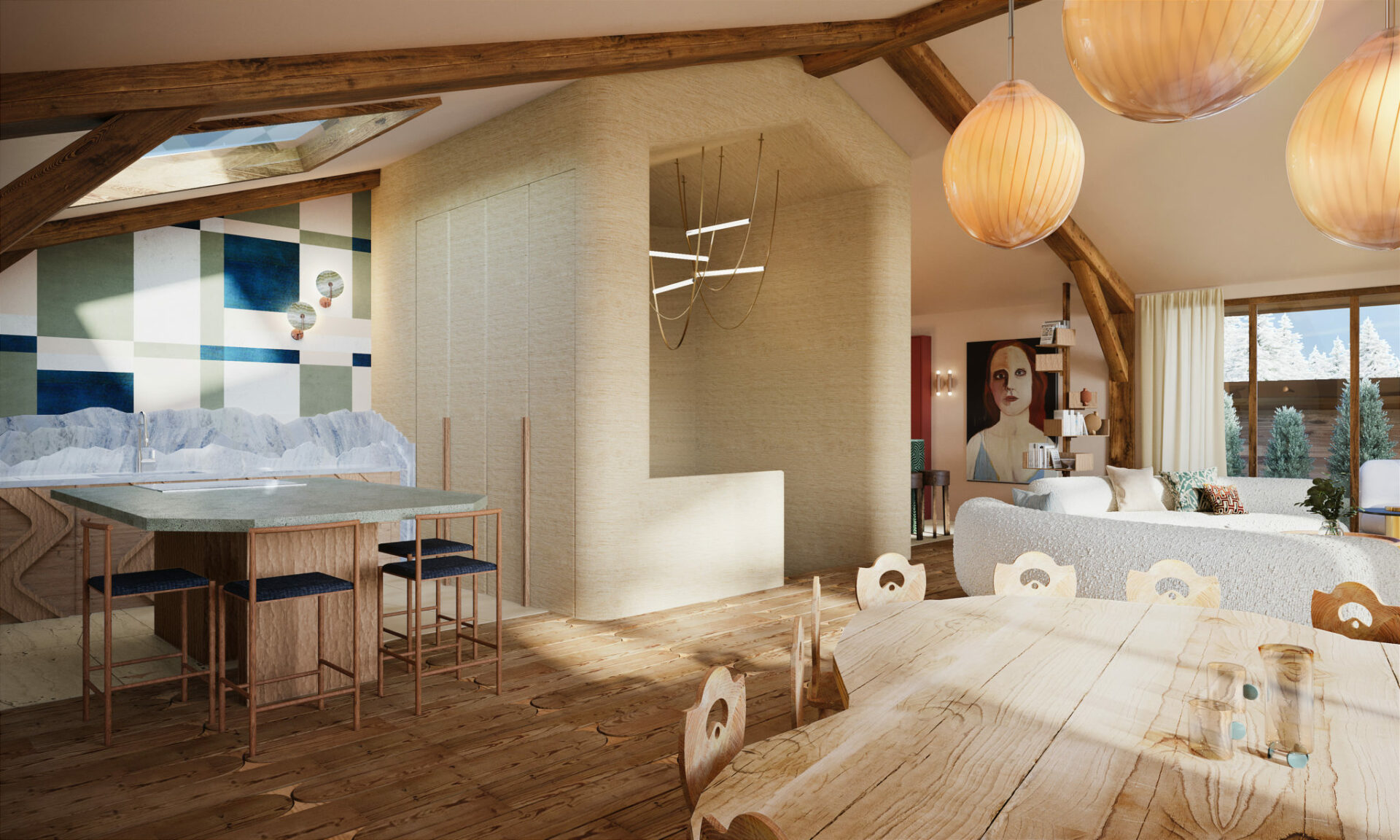 Salle à manger avec trio de suspension ronde, table de salle à manger en bois 14 places er chaises en bois. Projet résidentiel Mokkï chalet réalisé par Batiik Studio.