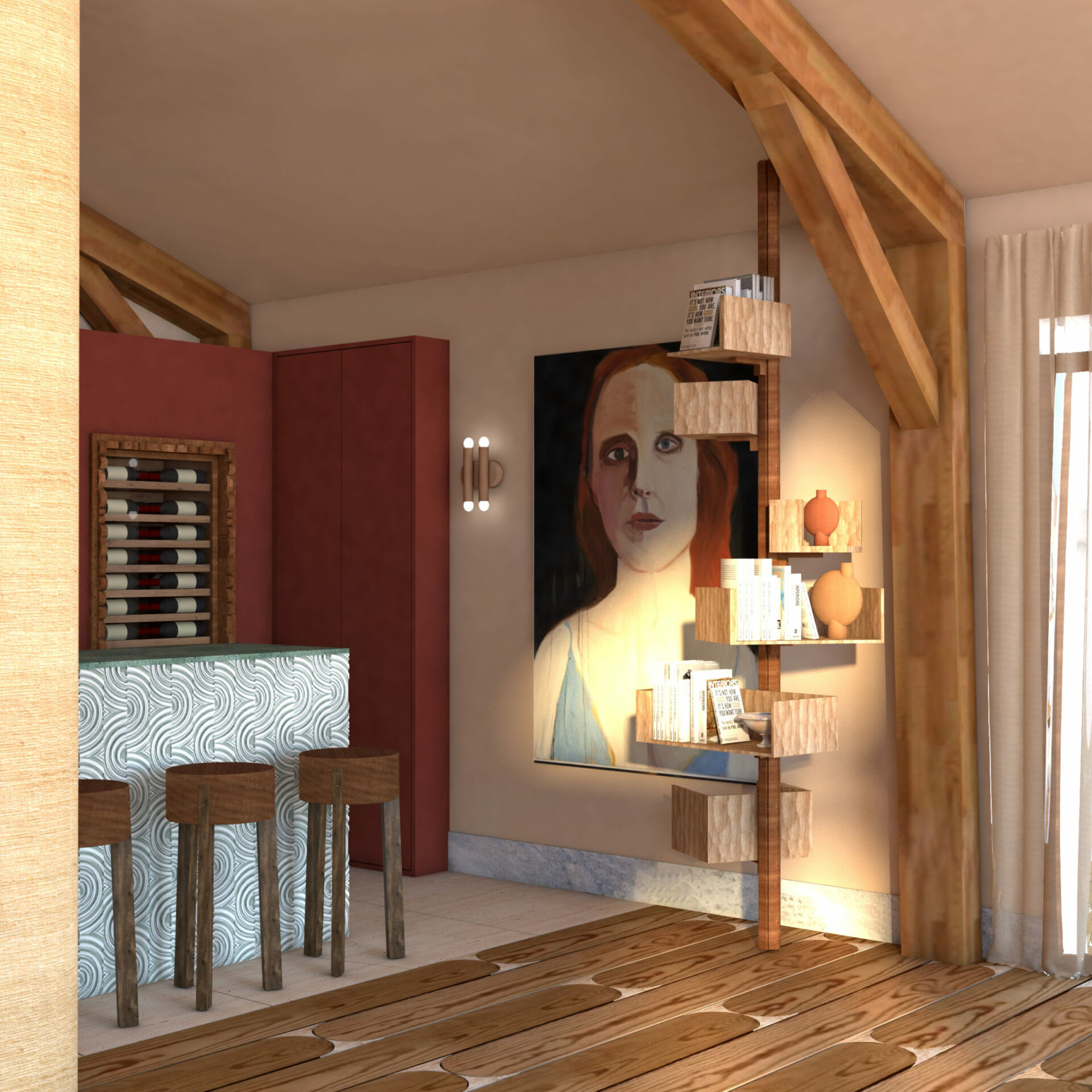 Partie bar avec bibliothèque modulaire, applique tubulaires globulaire. Bar avec cave à vin, ilot et tabouret hauts en bois. Projet résidentiel chalet Mokkï réalisé par Batiik Studio.
