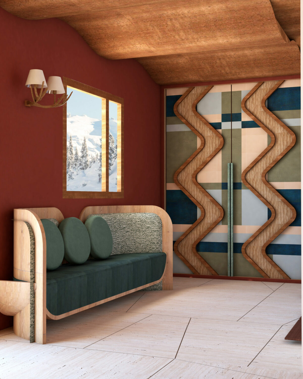 Espace salon avec murs rouges, canapé en bois et coussins ronds. Chambre avec tête de lit en tissu et en bois. Plafond en bois ondulé. Murs avec poignées en bois géométriques. Projet résidentiel Mokkï chalet réalisé par Batiik Studio.